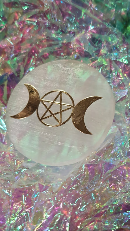 Plaque de sélénite Triple lune et pentagramme