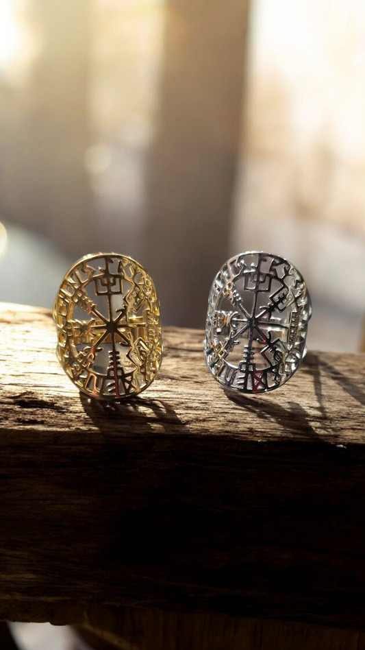 Bague réglable talisman Vegvisir boussole Viking nordique - acier inoxydable or ou argent