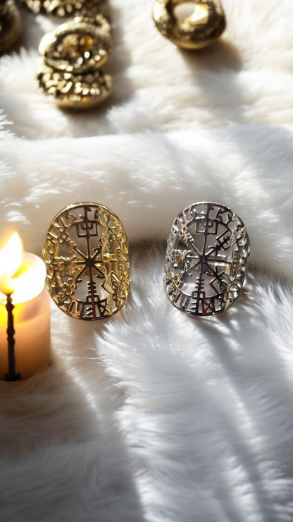 Bague réglable talisman Vegvisir boussole Viking nordique - acier inoxydable or ou argent
