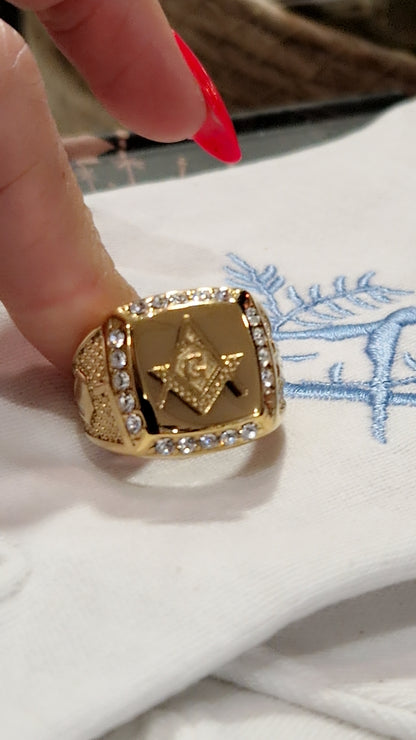 Bague chevalière franc maçon équerre compas acier inoxydable doré