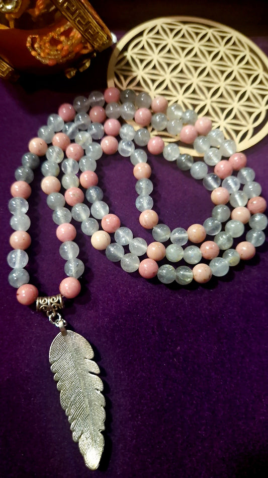 Mala rhodonite, quartz gris : deuil, rupture