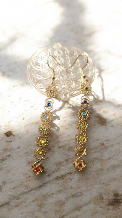 Boucles d’Oreilles Sept Chakras 7 chakras en Acier Inoxydable – Zirconiums Colorés, Écoute et Harmonie