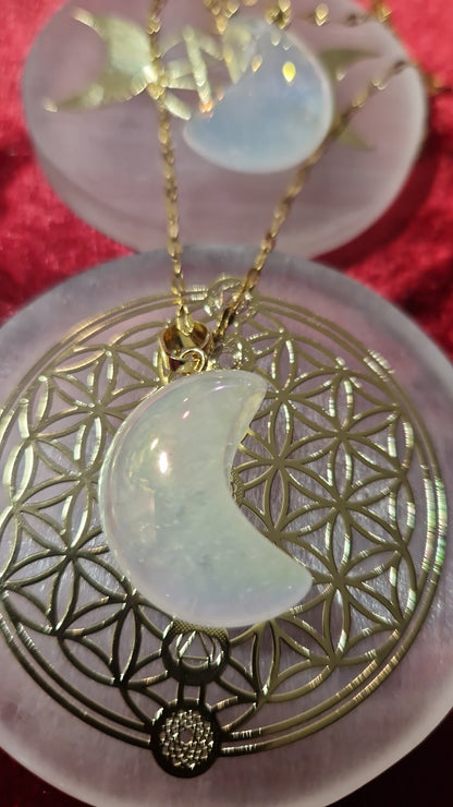Collier lune en pierre quartz aura angel chaine acier inoxydable ras du cou