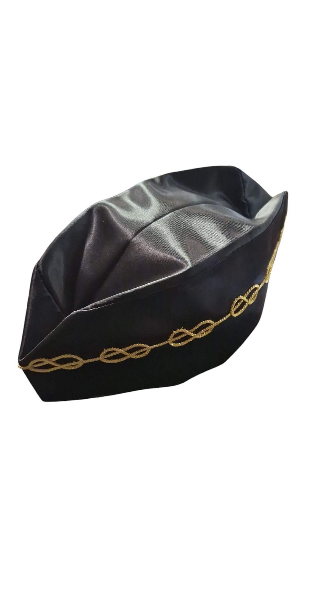 Chapeau de Maître Franc maçon tissu satiné noir - forme calot, lacs d’amour