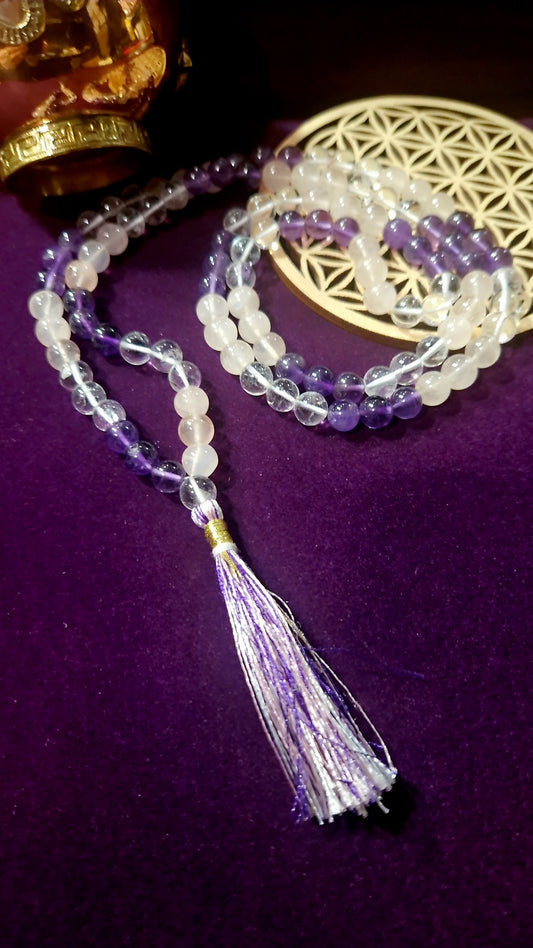 Mala Améthyste, Quartz Rose et Cristal de Roche