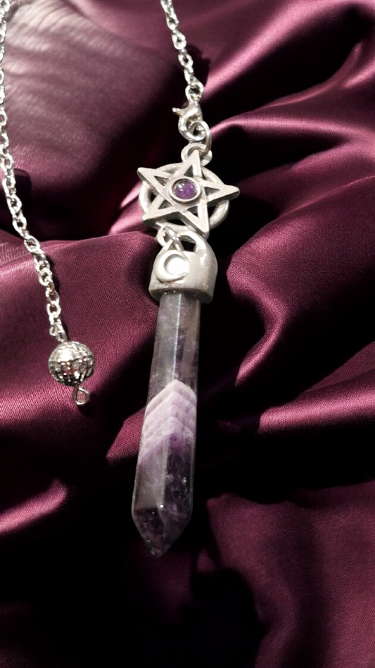 Pendule en améthyste chevron et étain - création artisanale