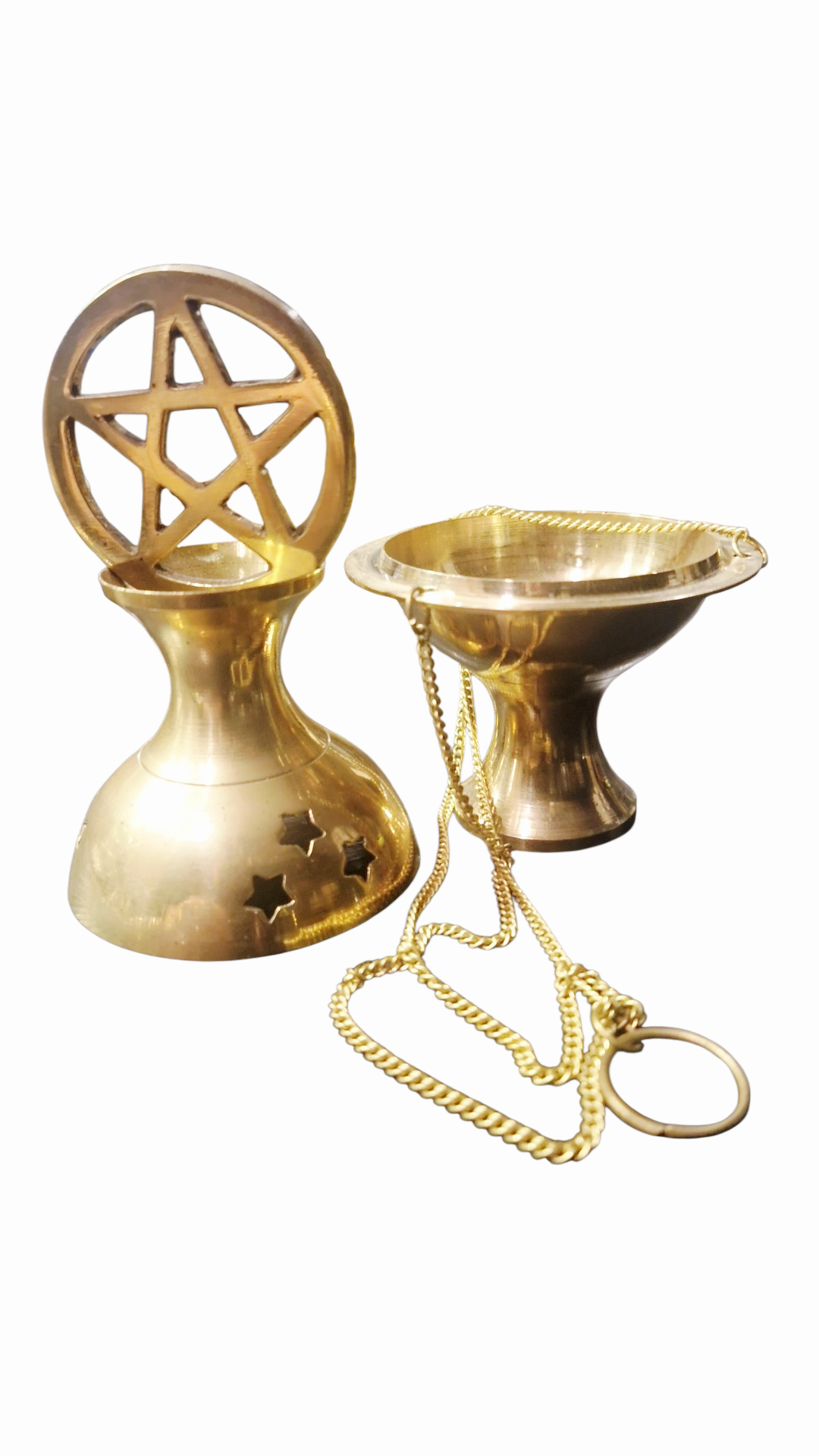 Encensoir suspendu Rituel en Laiton avec Triple Chaîne – Pentagramme & Étoiles – 16 cm purification cones d'encens et résines naturelles