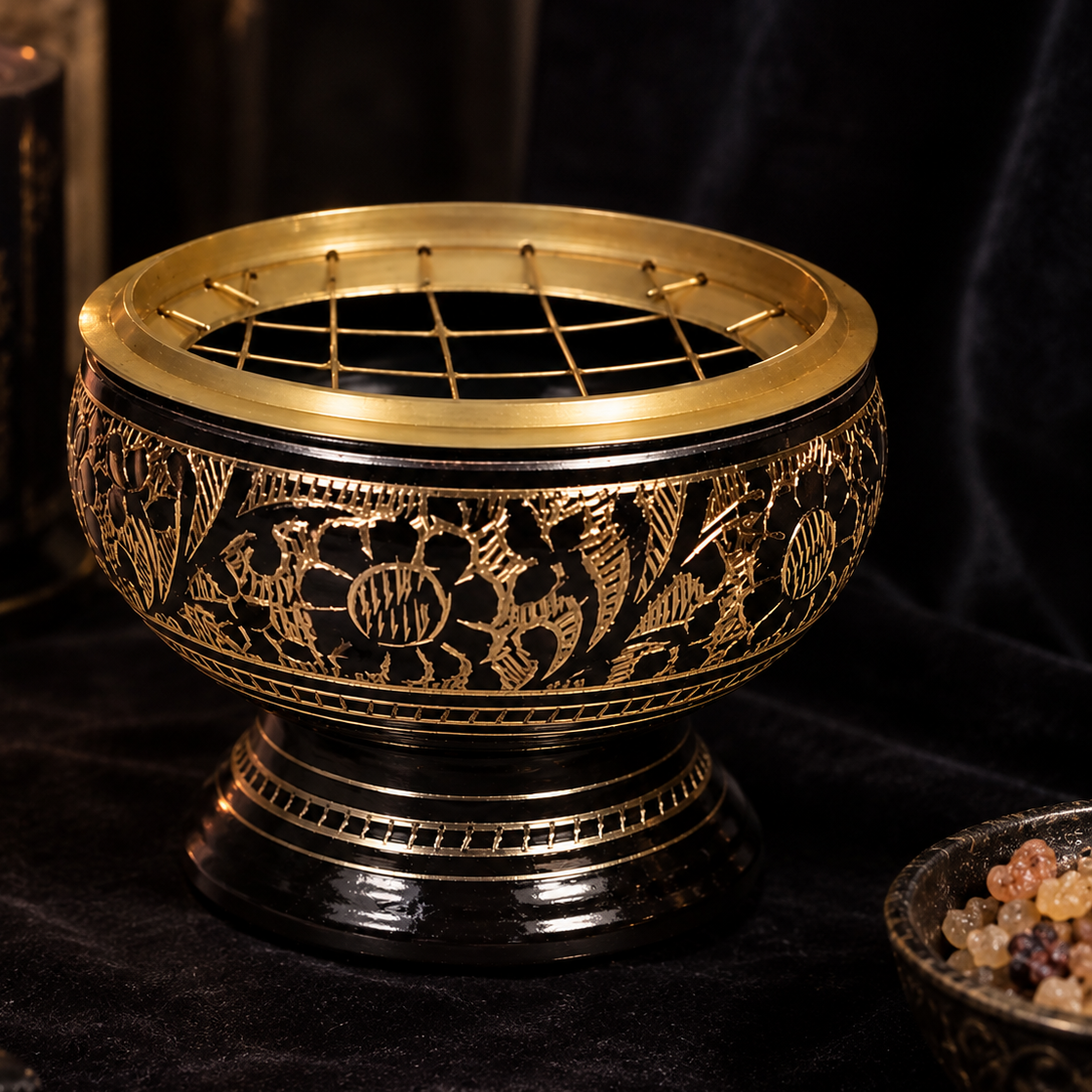 Brûle-encens à charbon en laiton – Noir & doré – Taille M