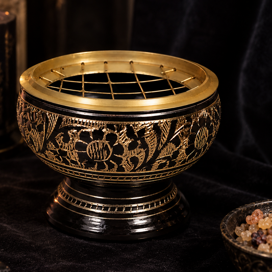 Brûle-encens à charbon en laiton – Noir & doré – Taille M
