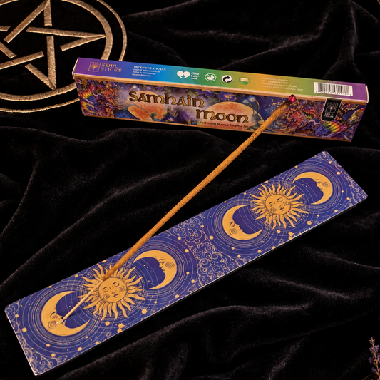 Porte-Encens Soleil & Lune Bleue – Reglette Céleste en Bois