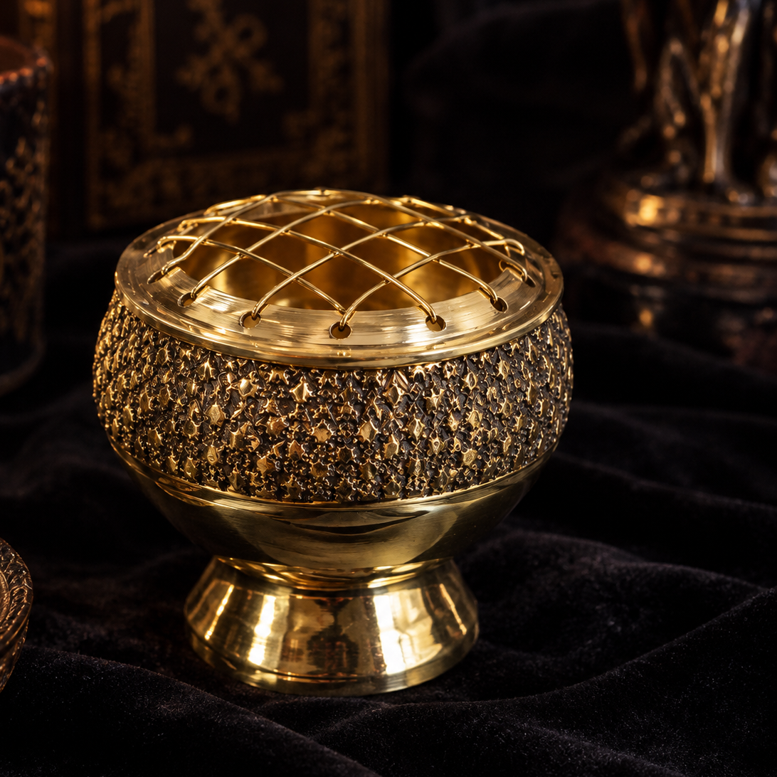 Brûle-encens en laiton doré – Pour encens résine – 6 × 5 cm