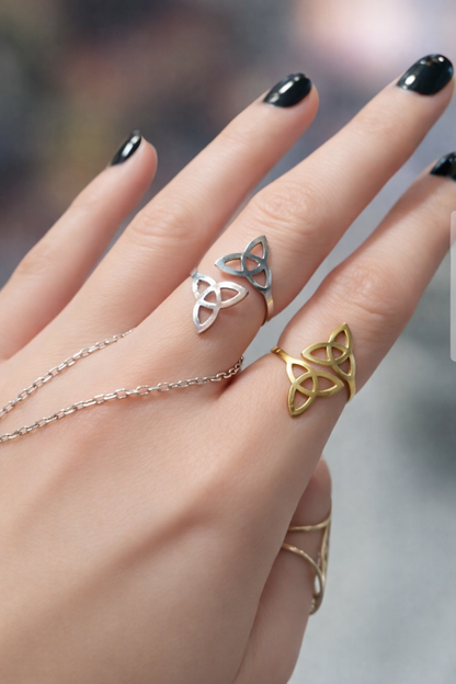Bague Triquetra Celtique – Acier Inoxydable Doré ou Argenté – Bague Réglable