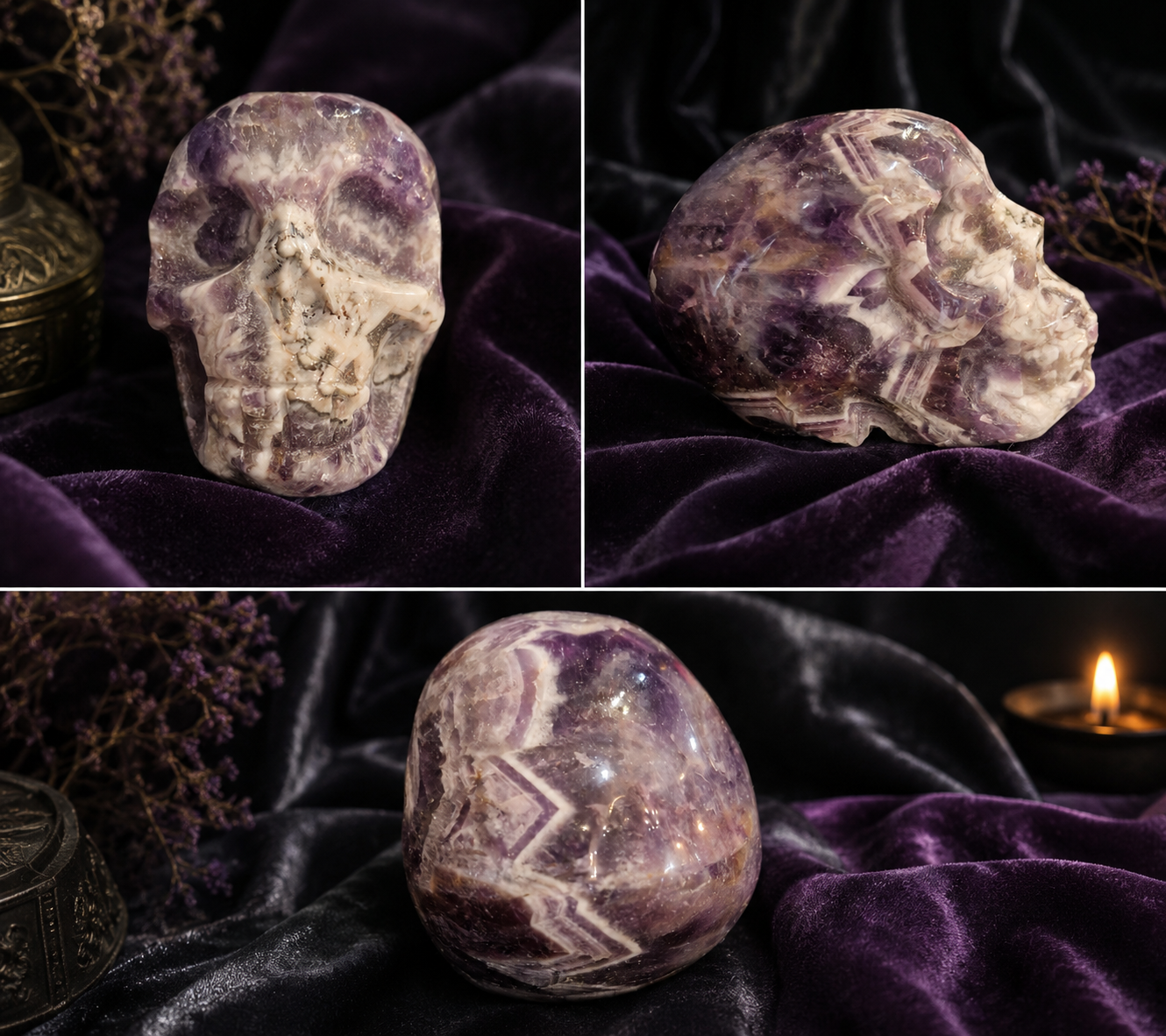 Crâne en Améthyste Chevron Naturelle Sculpté – Pièce Unique