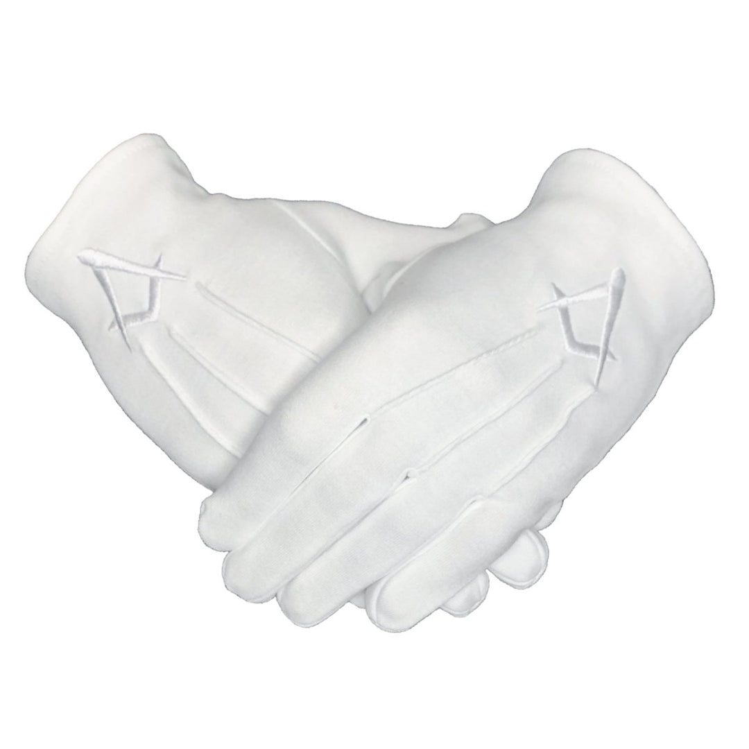 ...Gants maçonniques blancs -  équerre compas brodés blanc