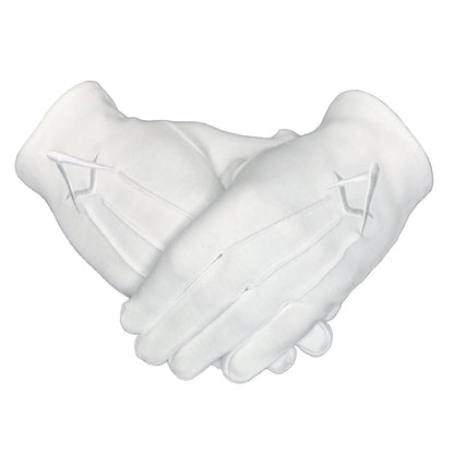 ...Gants maçonniques blancs -  équerre compas brodés blanc