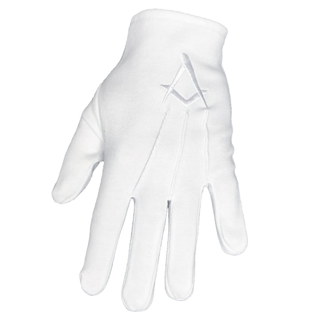 ...Gants maçonniques blancs -  équerre compas brodés blanc