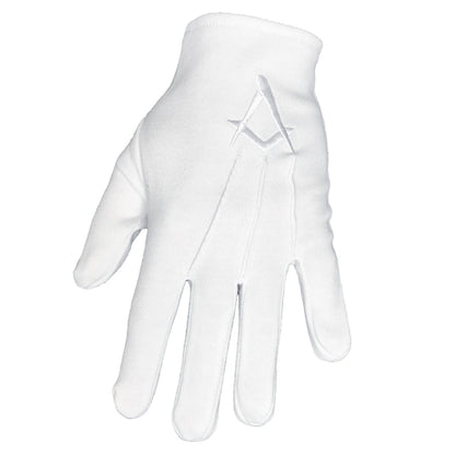 ...Gants maçonniques blancs -  équerre compas brodés blanc
