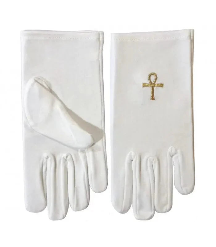 gants maçonniques blancs broderie dorée croix de Ankh